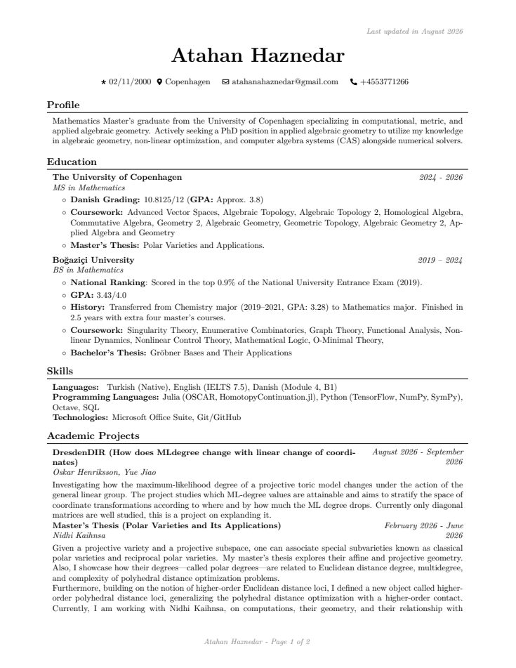 Atahan Haznedar’s academic CV PDF — cover preview